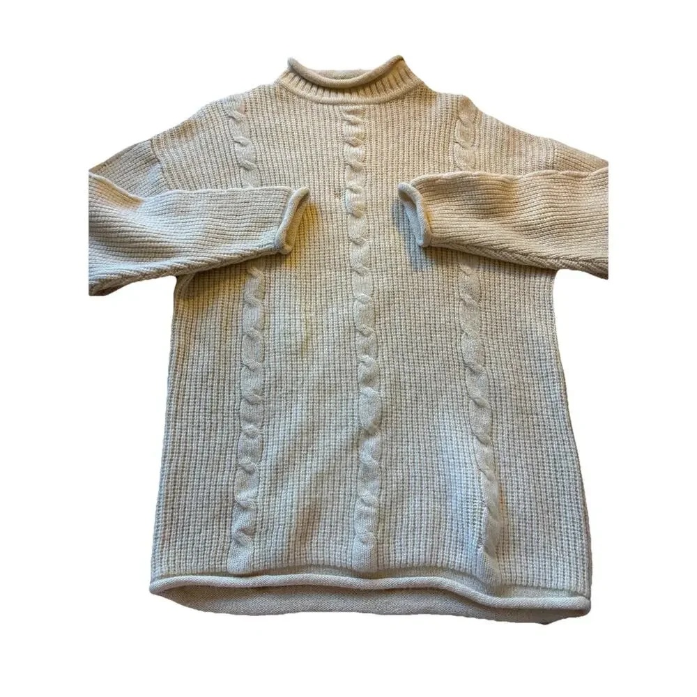 VTG Inisfree Fisherman Sweater Wool Roll Neck Ireland Cream Chunky Knit Men’s M